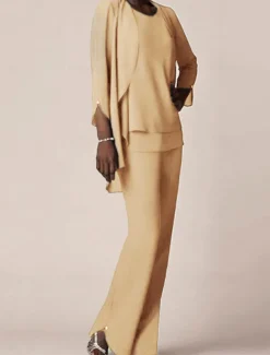 3 piece Pantsuit Mother of the Bride Wedding Guest Elegant V Neck Floor Length Chiffon 3/4 Length Sleeve with Ruffles free custom size