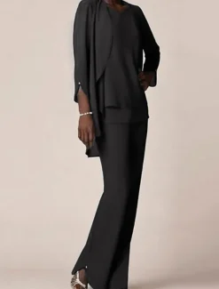 3 piece Pantsuit Mother of the Bride Wedding Guest Elegant V Neck Floor Length Chiffon 3/4 Length Sleeve with Ruffles free custom size