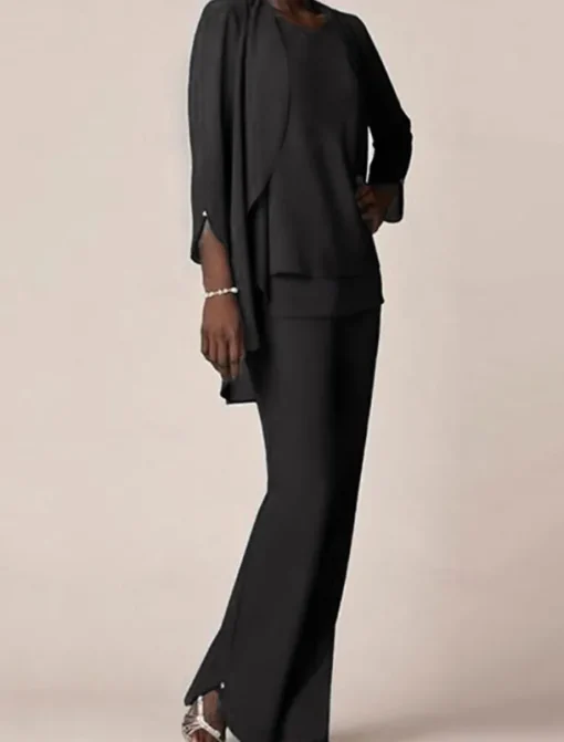 3 piece Pantsuit Mother of the Bride Wedding Guest Elegant V Neck Floor Length Chiffon 3/4 Length Sleeve with Ruffles free custom size