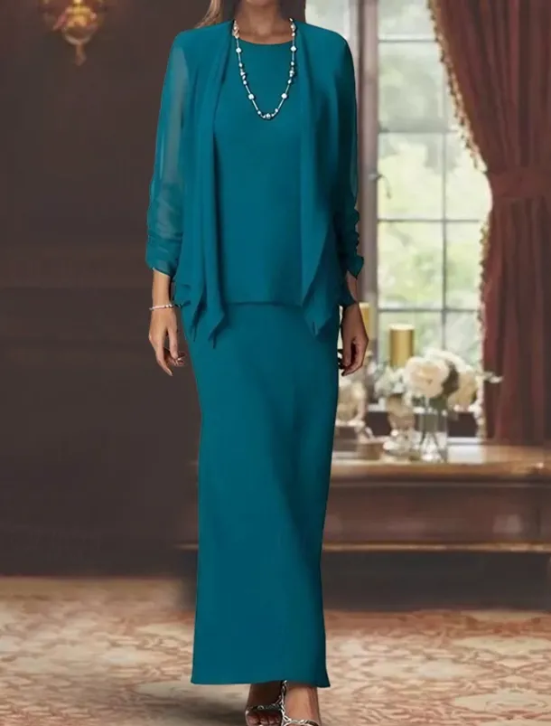 3 Piece Sheath Mother of the Bride Dress Formal Wedding Guest Elegant Scoop Neck Floor Length Chiffon Long Sleeve Wrap Included with Solid Color