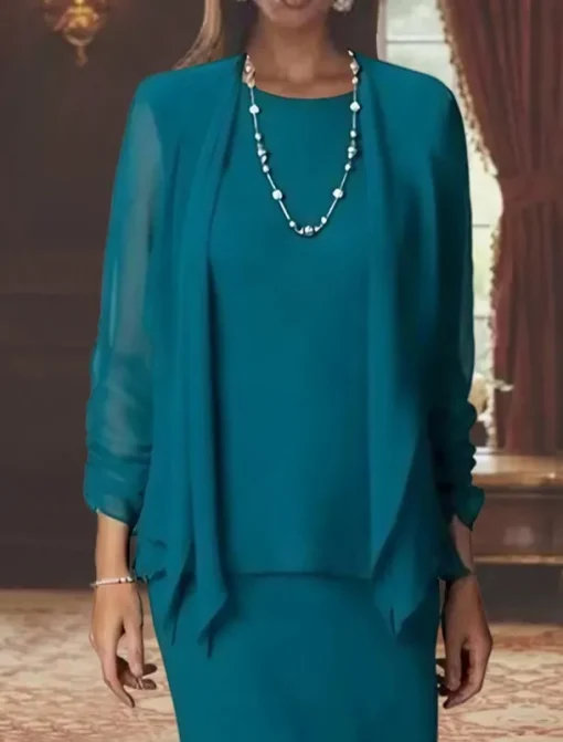 3 Piece Sheath Mother of the Bride Dress Formal Wedding Guest Elegant Scoop Neck Floor Length Chiffon Long Sleeve Wrap Included with Solid Color