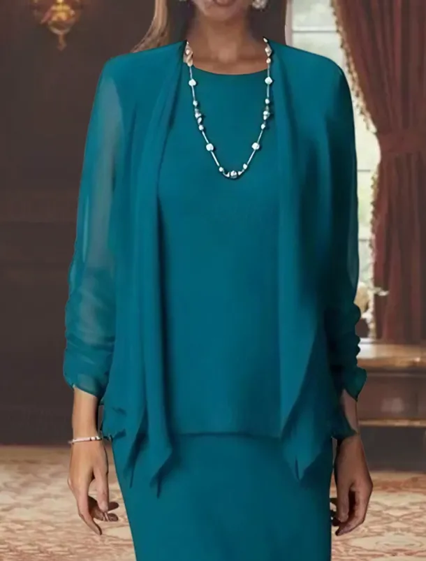 3 Piece Sheath Mother of the Bride Dress Formal Wedding Guest Elegant Scoop Neck Floor Length Chiffon Long Sleeve Wrap Included with Solid Color