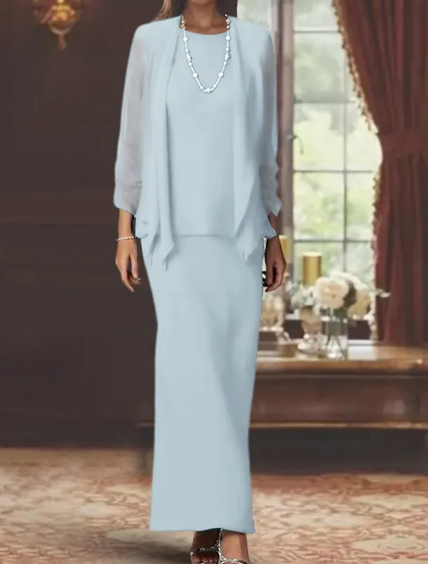 3 Piece Sheath Mother of the Bride Dress Formal Wedding Guest Elegant Scoop Neck Floor Length Chiffon Long Sleeve Wrap Included with Solid Color