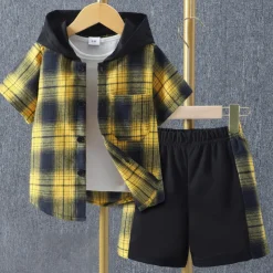 2 Pieces Kids Boys Clothing Set Outfit Plaid Short Sleeve Set Casual Basic Summer 3-7 Years Black Yellow Red