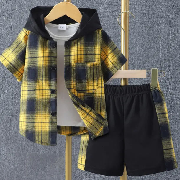 2 Pieces Kids Boys Clothing Set Outfit Plaid Short Sleeve Set Casual Basic Summer 3-7 Years Black Yellow Red