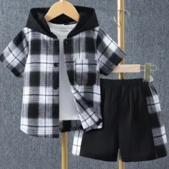2 Pieces Kids Boys Clothing Set Outfit Plaid Short Sleeve Set Casual Basic Summer 3-7 Years Black Yellow Red