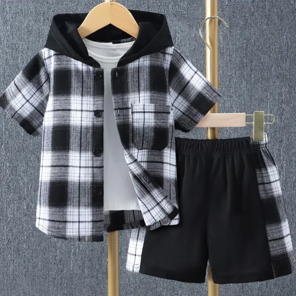 2 Pieces Kids Boys Clothing Set Outfit Plaid Short Sleeve Set Casual Basic Summer 3-7 Years Black Yellow Red