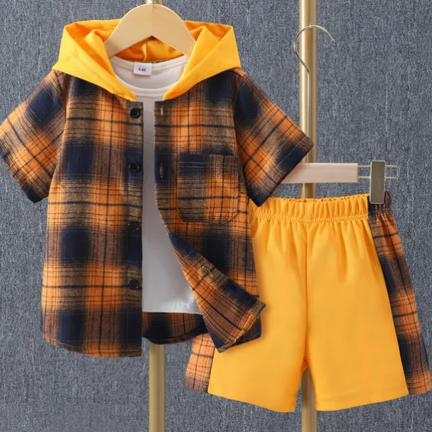 2 Pieces Kids Boys Clothing Set Outfit Plaid Short Sleeve Set Casual Basic Summer 3-7 Years Black Yellow Red