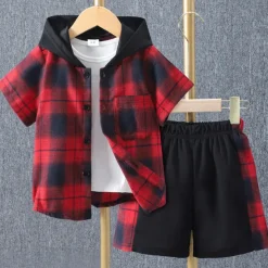 2 Pieces Kids Boys Clothing Set Outfit Plaid Short Sleeve Set Casual Basic Summer 3-7 Years Black Yellow Red
