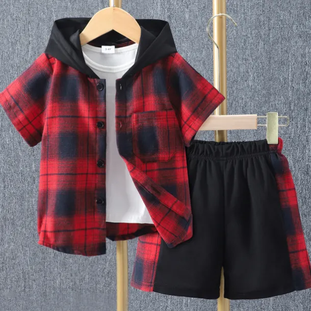 2 Pieces Kids Boys Clothing Set Outfit Plaid Short Sleeve Set Casual Basic Summer 3-7 Years Black Yellow Red
