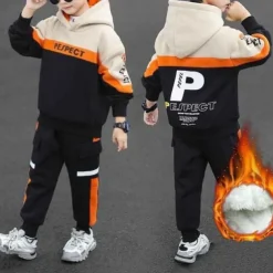 2 Pieces Kids Boys Hoodie & Pants Outfit Letter Long Sleeve Set Casual Fashion Cool Winter Fall 7-13 Years Blue Beige