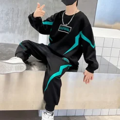 2 Pieces Kids Boys Hoodie & Pants Sweatshirt & Pants Clothing Set Outfit Letter Stripe Long Sleeve Pocket Set School Sports Cool Daily Spring Fall 7-13 Years Black Gray