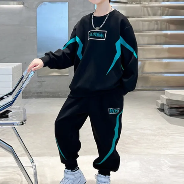 2 Pieces Kids Boys Hoodie & Pants Sweatshirt & Pants Clothing Set Outfit Letter Stripe Long Sleeve Pocket Set School Sports Cool Daily Spring Fall 7-13 Years Black Gray
