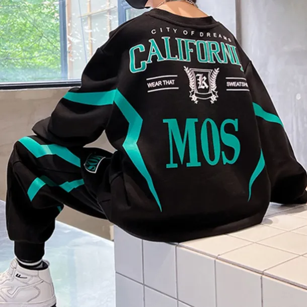 2 Pieces Kids Boys Hoodie & Pants Sweatshirt & Pants Clothing Set Outfit Letter Stripe Long Sleeve Pocket Set School Sports Cool Daily Spring Fall 7-13 Years Black Gray