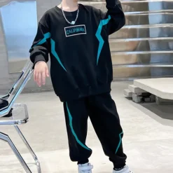 2 Pieces Kids Boys Hoodie & Pants Sweatshirt & Pants Clothing Set Outfit Letter Stripe Long Sleeve Pocket Set School Sports Cool Daily Spring Fall 7-13 Years Black Gray