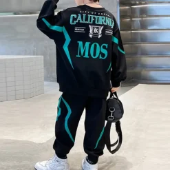2 Pieces Kids Boys Hoodie & Pants Sweatshirt & Pants Clothing Set Outfit Letter Stripe Long Sleeve Pocket Set School Sports Cool Daily Spring Fall 7-13 Years Black Gray