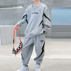 2 Pieces Kids Boys Hoodie & Pants Sweatshirt & Pants Clothing Set Outfit Letter Stripe Long Sleeve Pocket Set School Sports Cool Daily Spring Fall 7-13 Years Black Gray