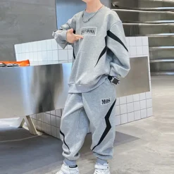 2 Pieces Kids Boys Hoodie & Pants Sweatshirt & Pants Clothing Set Outfit Letter Stripe Long Sleeve Pocket Set School Sports Cool Daily Spring Fall 7-13 Years Black Gray