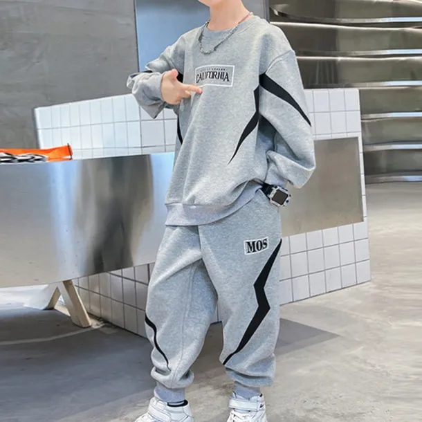 2 Pieces Kids Boys Hoodie & Pants Sweatshirt & Pants Clothing Set Outfit Letter Stripe Long Sleeve Pocket Set School Sports Cool Daily Spring Fall 7-13 Years Black Gray