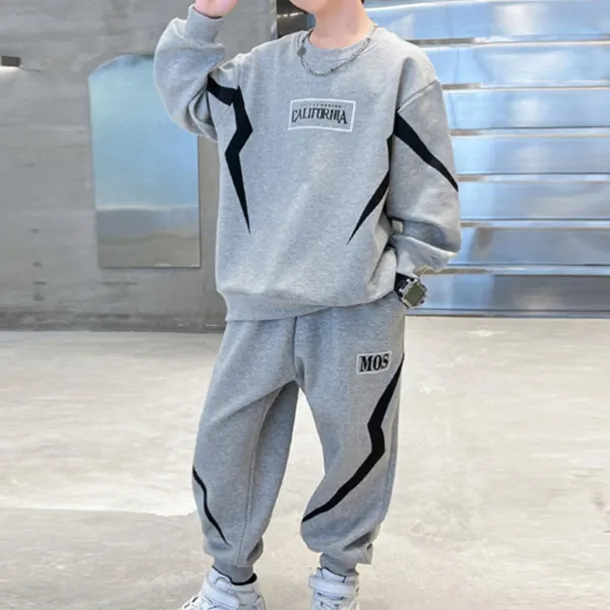 2 Pieces Kids Boys Hoodie & Pants Sweatshirt & Pants Clothing Set Outfit Letter Stripe Long Sleeve Pocket Set School Sports Cool Daily Spring Fall 7-13 Years Black Gray