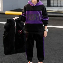 3 Pieces Kids Boys Hoodie & Pants Clothing Set Outfit Letter Long Sleeve Zipper Set Outdoor Cool Daily Winter Fall 7-13 Years Purple Yellow Red