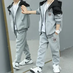 2 Pieces Kids Boys Tracksuits Outfit Color Block Letter Long Sleeve Cotton Set Sports Winter Fall 7-13 Years Black Gray