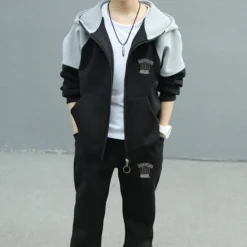 2 Pieces Kids Boys Tracksuits Outfit Color Block Letter Long Sleeve Cotton Set Sports Winter Fall 7-13 Years Black Gray