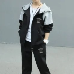 2 Pieces Kids Boys Tracksuits Outfit Color Block Letter Long Sleeve Cotton Set Sports Winter Fall 7-13 Years Black Gray
