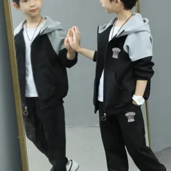 2 Pieces Kids Boys Tracksuits Outfit Color Block Letter Long Sleeve Cotton Set Sports Winter Fall 7-13 Years Black Gray