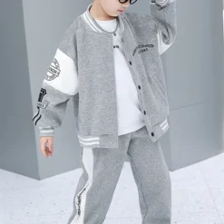 2 Pieces Kids Boys Tracksuits Outfit Stripe Letter Long Sleeve Button Cotton Set Daily Spring Fall 7-13 Years Black Gray