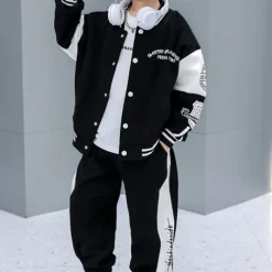 2 Pieces Kids Boys Tracksuits Outfit Stripe Letter Long Sleeve Button Cotton Set Daily Spring Fall 7-13 Years Black Gray