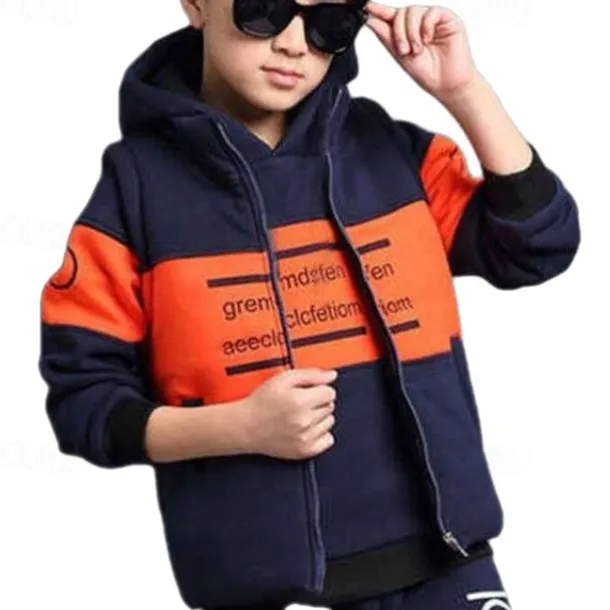 3 Pieces Kids Boys Tracksuits Outfit Color Block Letter Long Sleeve Cotton Set Sports Winter Fall 7-13 Years Black Navy Blue