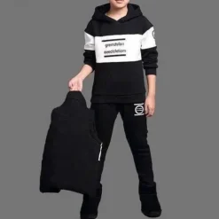 3 Pieces Kids Boys Tracksuits Outfit Color Block Letter Long Sleeve Cotton Set Sports Winter Fall 7-13 Years Black Navy Blue