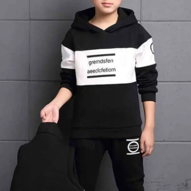 3 Pieces Kids Boys Tracksuits Outfit Color Block Letter Long Sleeve Cotton Set Sports Winter Fall 7-13 Years Black Navy Blue