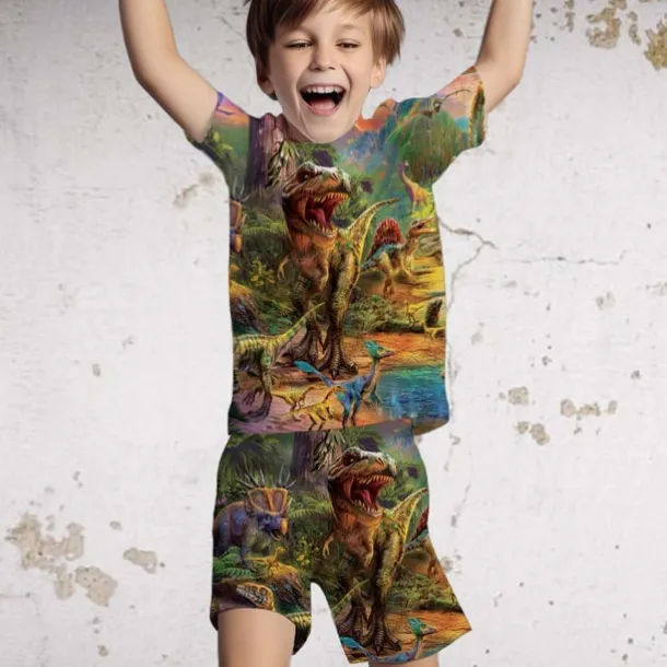 2 Pieces Kids Boys T-shirt & Shorts Clothing Set Outfit Graphic Dinosaur Short Sleeve Crewneck Set Outdoor Sports Fashion Cool Spring 7-13 Years Blue Dusty Blue Green