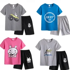 2 Pieces Kids Boys T-shirt & Shorts Outfit Cartoon Short Sleeve Cotton Set Casual Cool Summer Spring 4 years+ Black White Yellow
