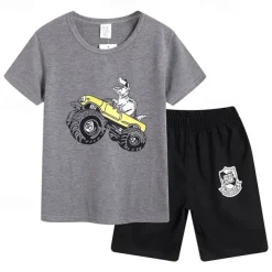 2 Pieces Kids Boys T-shirt & Shorts Outfit Cartoon Short Sleeve Cotton Set Casual Cool Summer Spring 4 years+ Black White Yellow