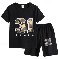2 Pieces Kids Boys T-shirt & Shorts Outfit Cartoon Short Sleeve Cotton Set Casual Cool Summer Spring 4 years+ Black White Yellow