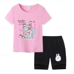 2 Pieces Kids Boys T-shirt & Shorts Outfit Cartoon Short Sleeve Cotton Set Casual Cool Summer Spring 4 years+ Black White Yellow