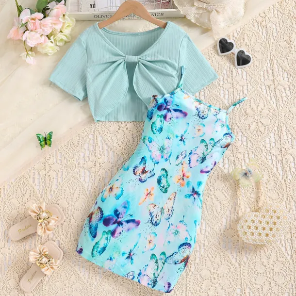 2 Pieces Kids Girls' Butterfly Halter Dress Suits Set Short Sleeve Fashion School 7-13 Years Summer Blue
