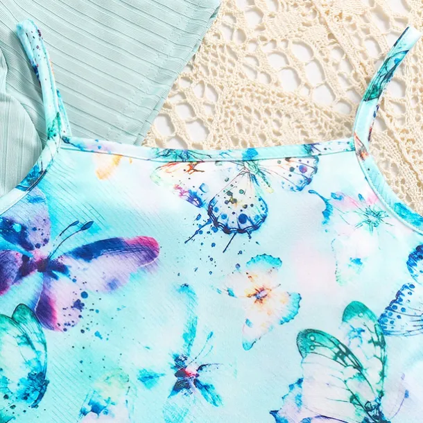 2 Pieces Kids Girls' Butterfly Halter Dress Suits Set Short Sleeve Fashion School 7-13 Years Summer Blue