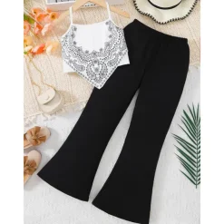 2 Pieces Kids Girls' Cartoon Halter Tank & Pants Set Sleeveless Fashion School 7-13 Years Summer White