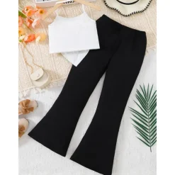 2 Pieces Kids Girls' Cartoon Halter Tank & Pants Set Sleeveless Fashion School 7-13 Years Summer White