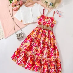 2 Pieces Kids Girls' Cartoon Dress Suits Set Short Sleeve Daily School 7-13 Years Summer Red