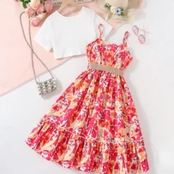 2 Pieces Kids Girls' Cartoon Dress Suits Set Short Sleeve Daily School 7-13 Years Summer Red