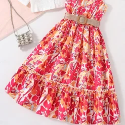 2 Pieces Kids Girls' Cartoon Dress Suits Set Short Sleeve Daily School 7-13 Years Summer Red