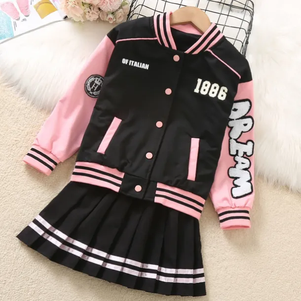2 Pieces Kids Girls' Children's Day Graphic Pleated Dress Suits Set Long Sleeve Fashion School 7-13 Years Winter White Pink