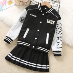 2 Pieces Kids Girls' Children's Day Graphic Pleated Dress Suits Set Long Sleeve Fashion School 7-13 Years Winter White Pink