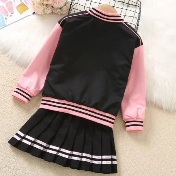 2 Pieces Kids Girls' Children's Day Graphic Pleated Dress Suits Set Long Sleeve Fashion School 7-13 Years Winter White Pink