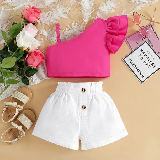 2 Pieces Kids Girls' Children's Day Solid Color Halter Tank Top & Shorts Set Set Sleeveless Fashion Outdoor Cotton 3-7 Years Summer Red Purple